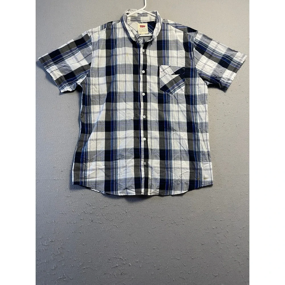 Levi's Button Up Shirt Cotton Blue Plaid XL Mens Short Sleeve